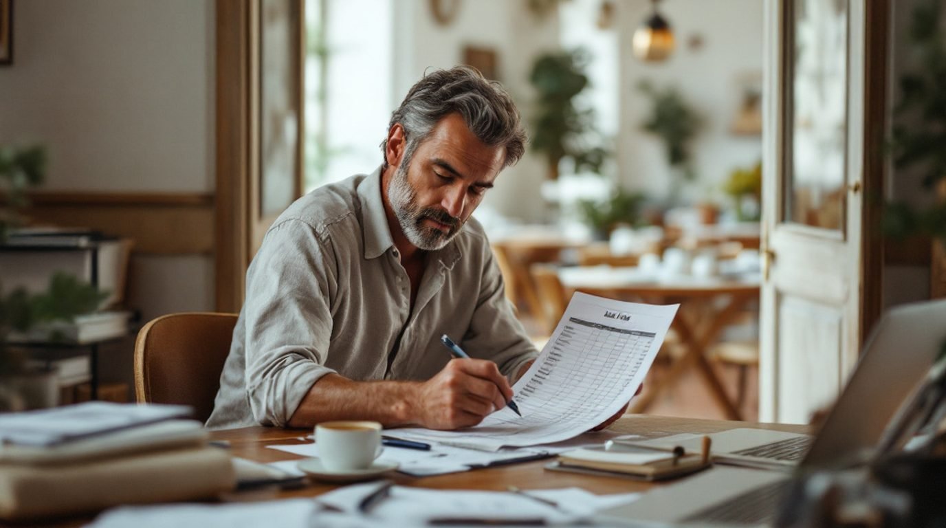 Convenio hostelería Málaga 2026: dueño de restaurante revisando las tablas salariales