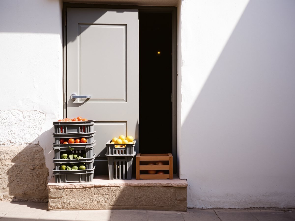 Puerta de servicio entreabierta en una pared encalada, con cajas de verdura y fruta recién entregadas en el escalón